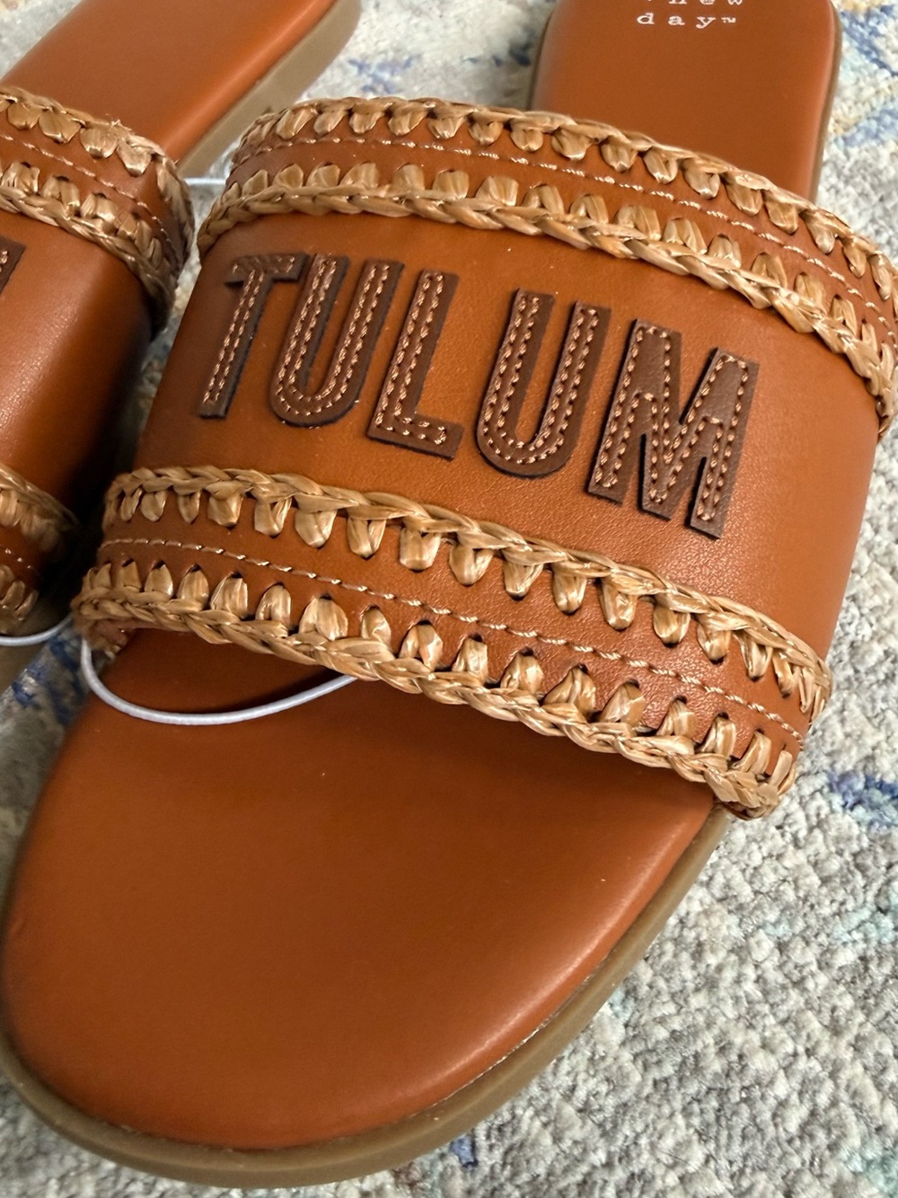 NEW! A New Day Tulum Braided Leather Slide Sandals - Cognac